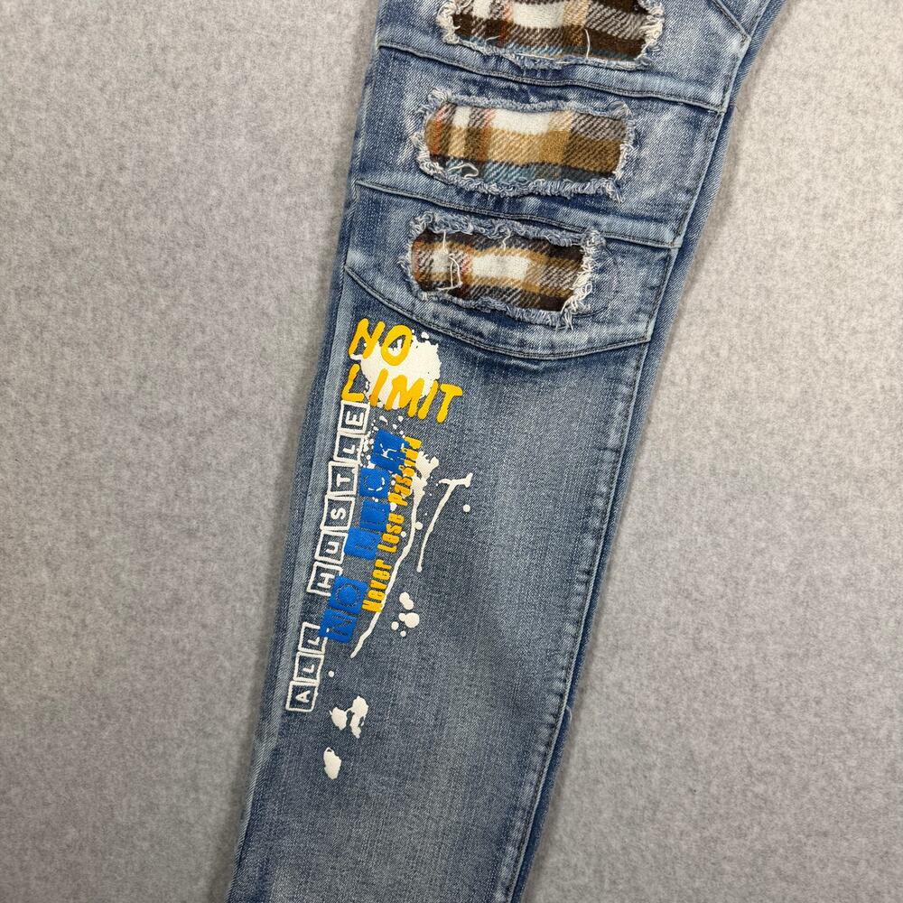 Copper Rivet Distressed Moto Mens Jeans Plaid Rip & Repair Light Blue 38x32 Slim - Picture 8 of 16